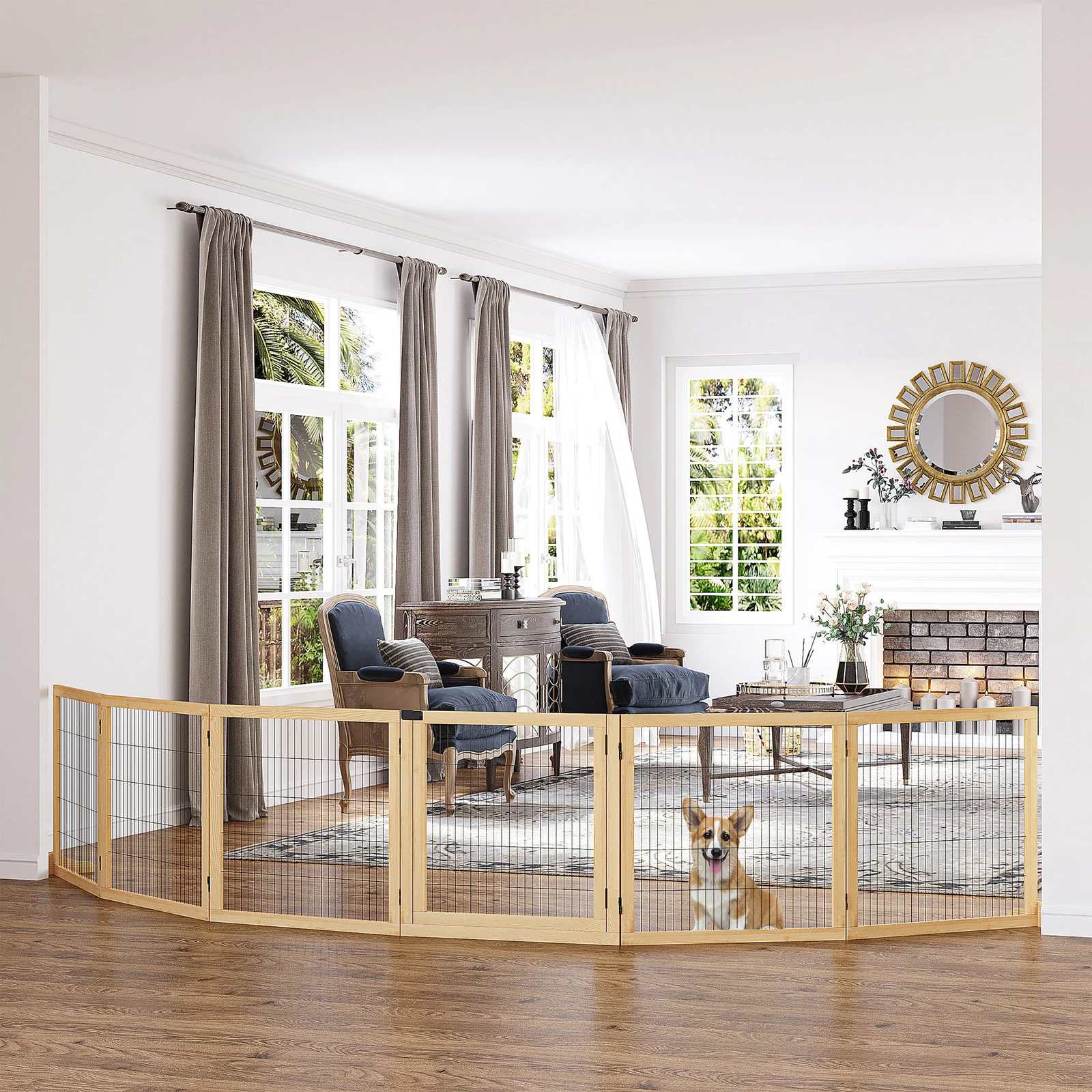 Retractable Pet Gate – Pine Wood, 6 Panels