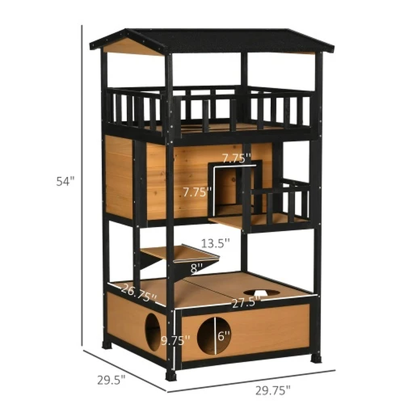 Pawhut Wooden Outdoor Cat House – Yellow, Multi-Level Shelter - Image 5