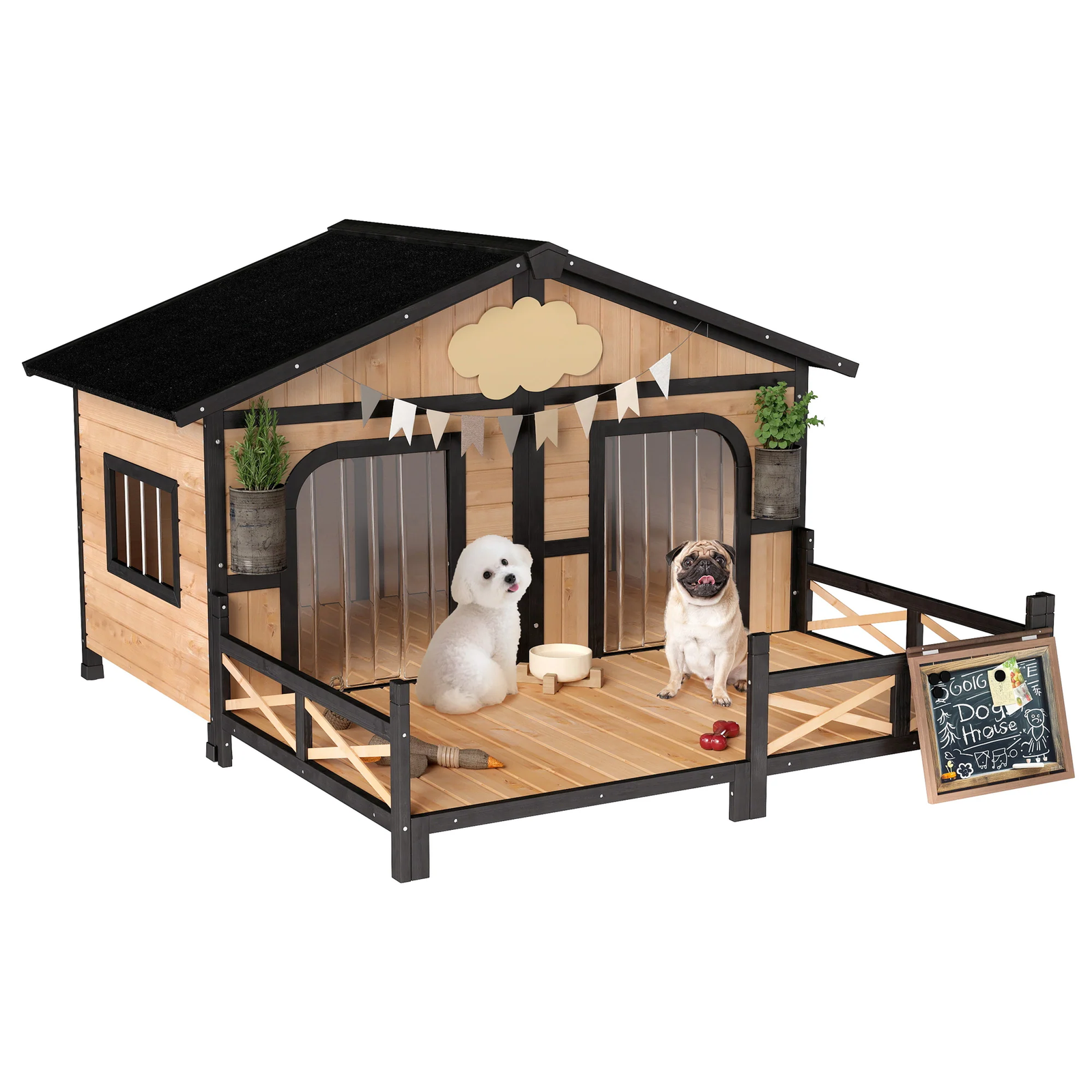 Outdoor Dog House – Weatherproof Wooden Kennel with Porch and Hinged Roof
