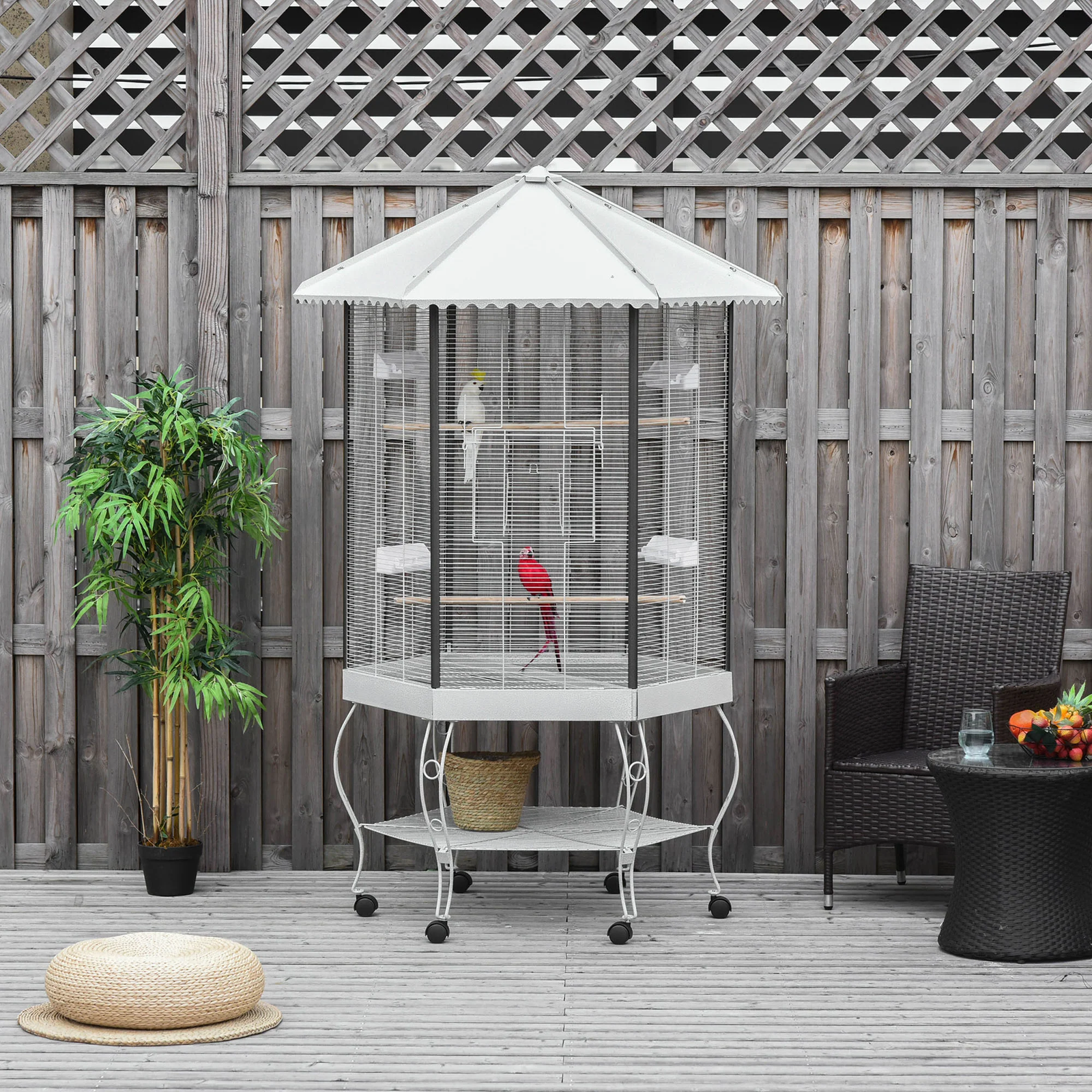 77” Hexagon Flight Bird Cage – Covered Canopy Portable Aviary with Storage