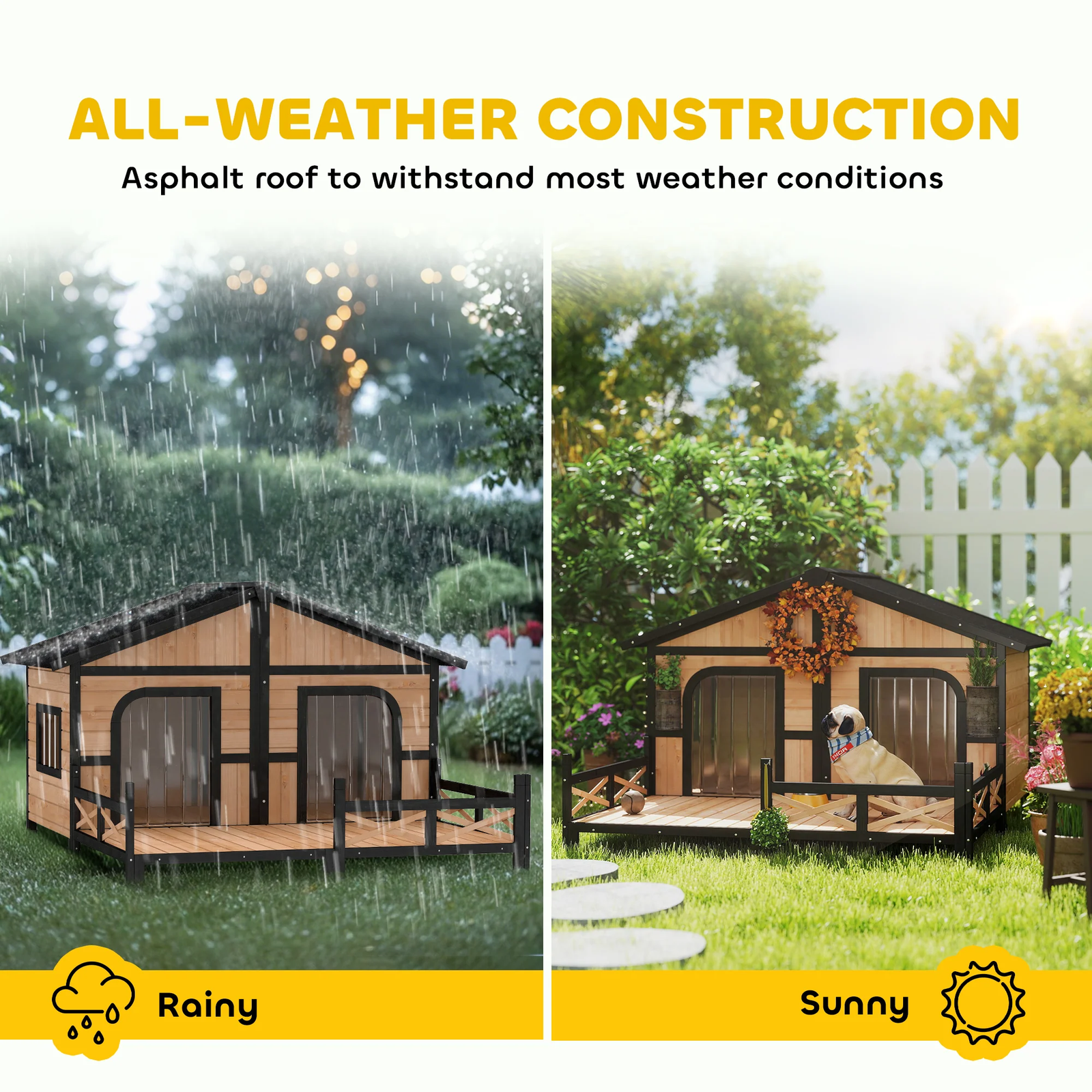 Outdoor Dog House – Weatherproof Wooden Kennel with Porch and Hinged Roof - Image 5