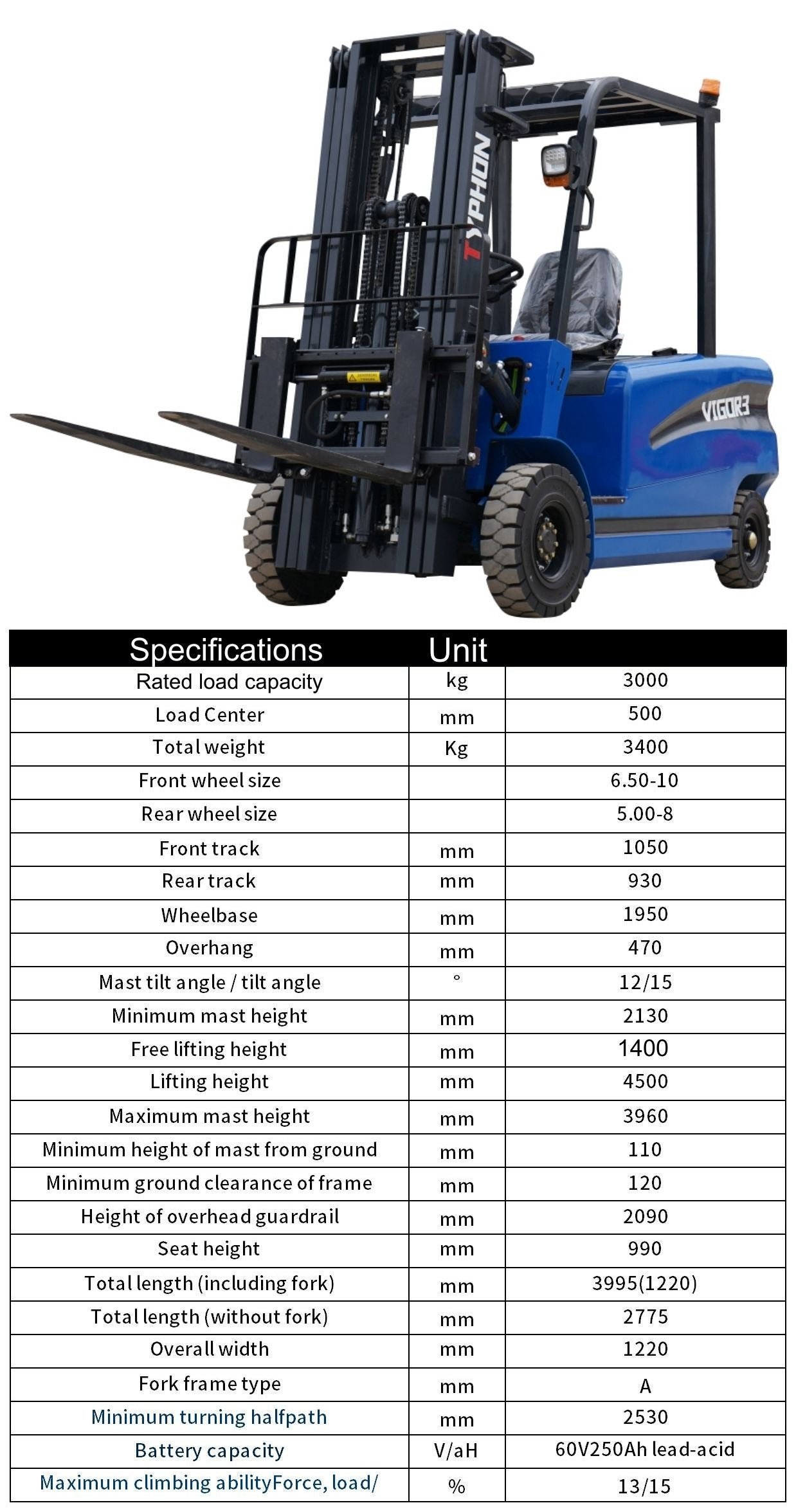 2025 TYPHON VIGOR 3.0 Blue 3 Ton Electric Forklift - Image 16