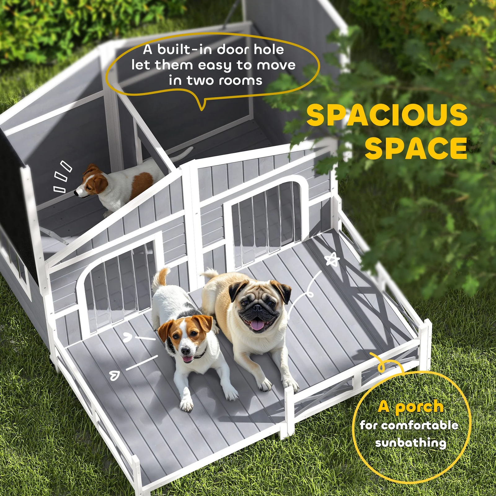 Wooden Dog House with Porch and Double Room – Gray - Image 6