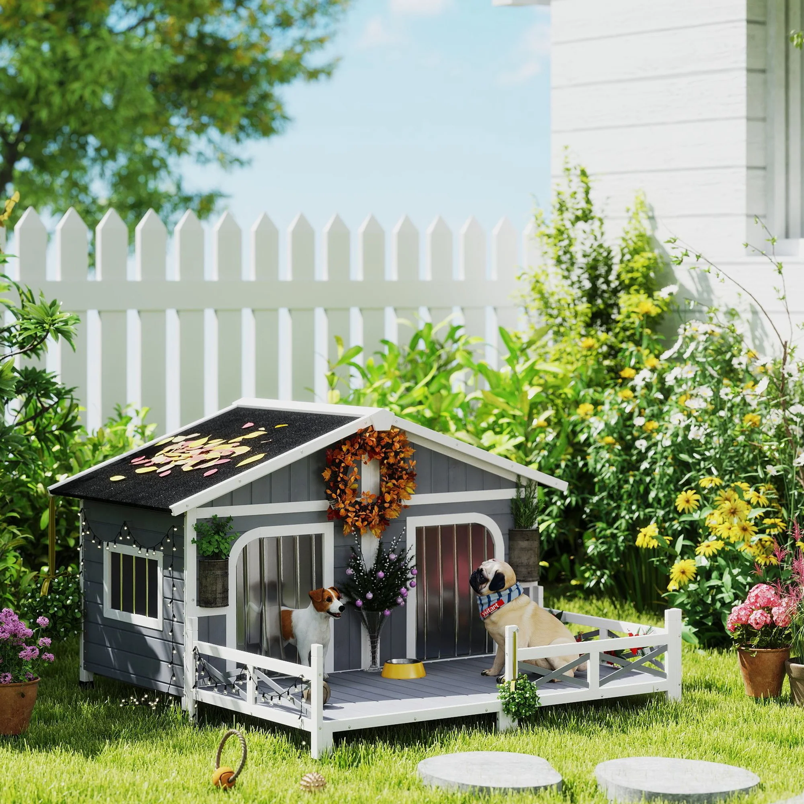 Wooden Dog House with Porch and Double Room – Gray - Image 2