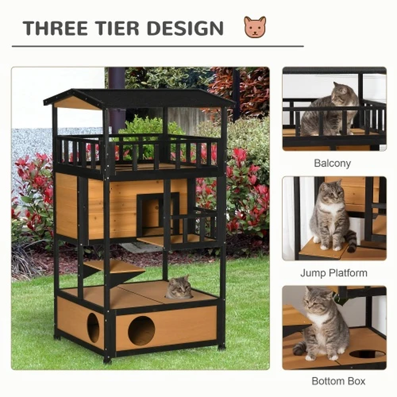 Pawhut Wooden Outdoor Cat House – Yellow, Multi-Level Shelter - Image 2