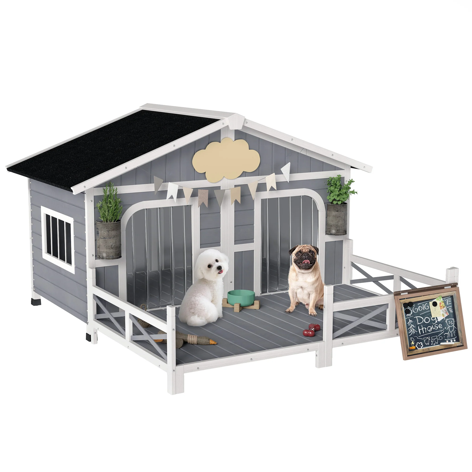 Wooden Dog House with Porch and Double Room – Gray