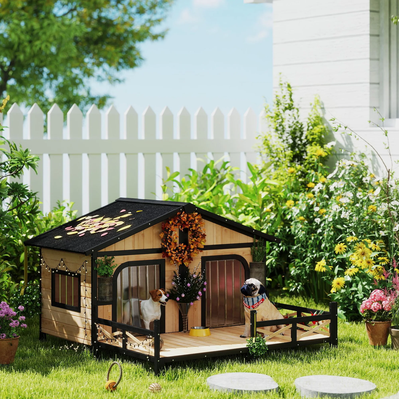 Outdoor Dog House – Weatherproof Wooden Kennel with Porch and Hinged Roof - Image 9