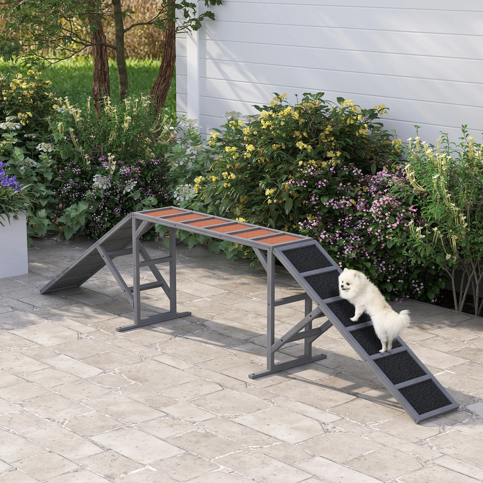 Dog Agility Training Ramp – with Safety Bar, Non‑Slip Surface – Gray