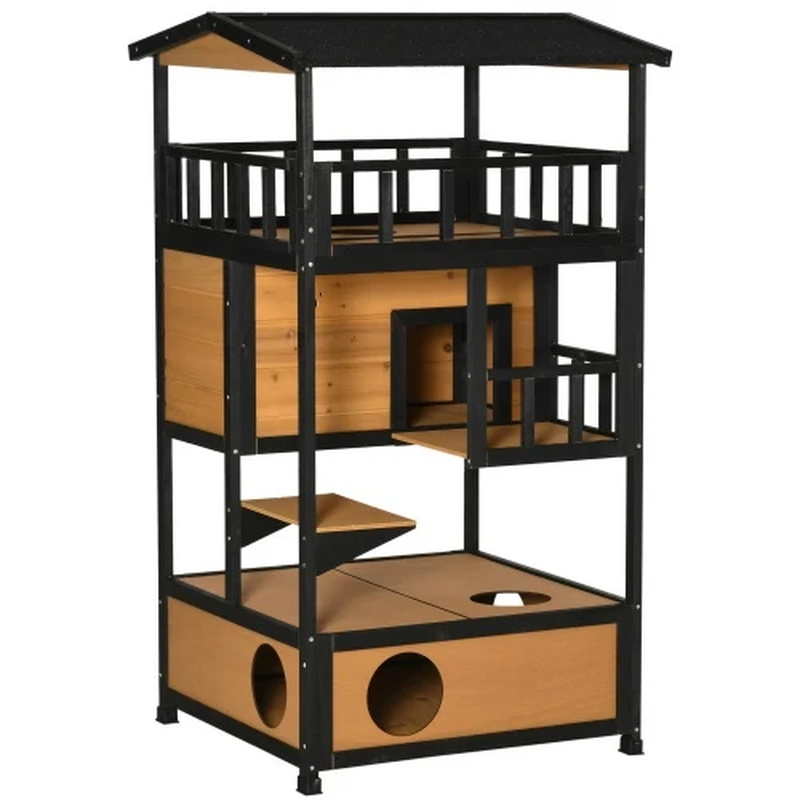 Pawhut Wooden Outdoor Cat House – Yellow, Multi-Level Shelter