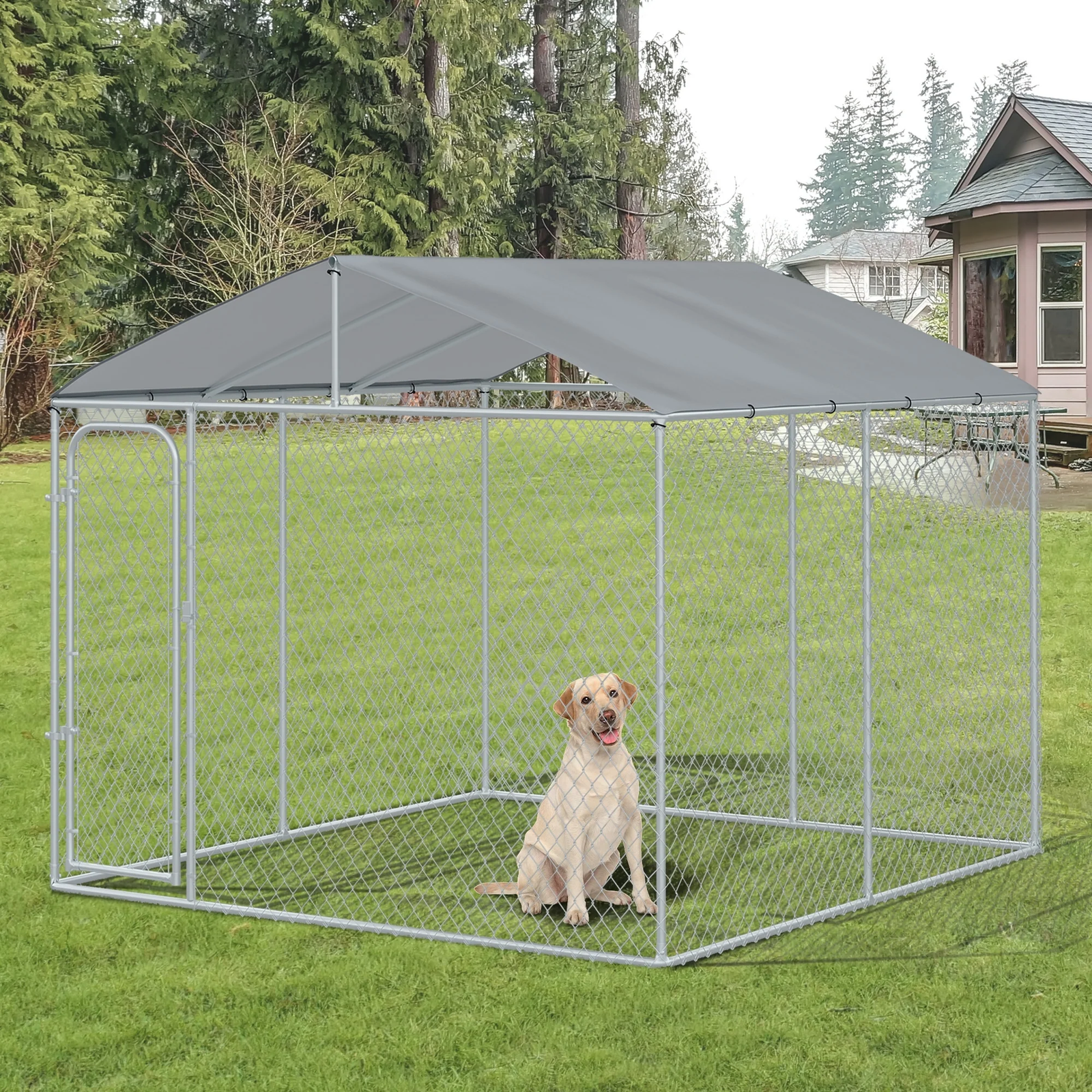 Outdoor Dog Kennel – Galvanized Fence with Cover, Secure Latch, and Side Panels