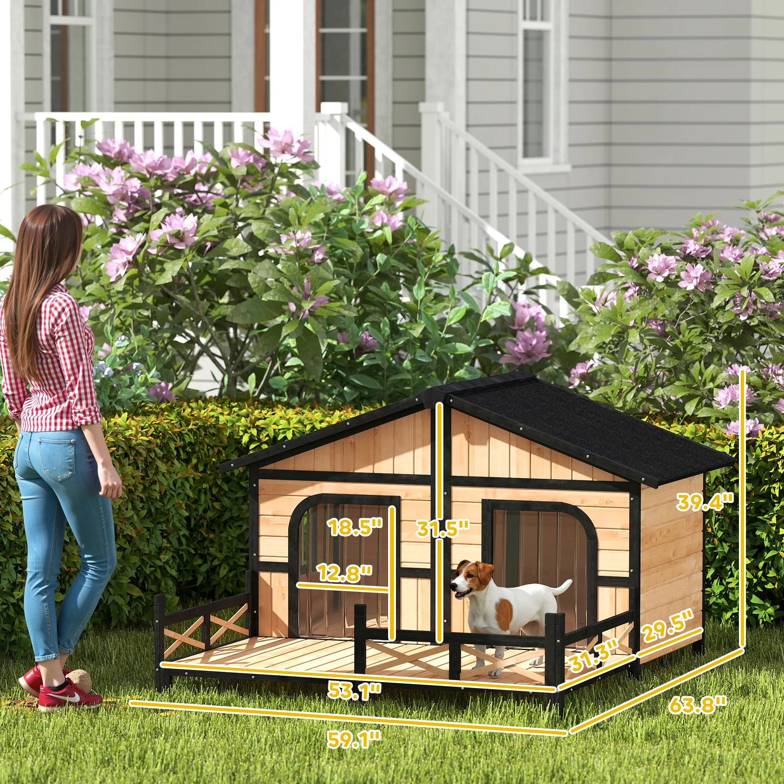 Outdoor Dog House – Weatherproof Wooden Kennel with Porch and Hinged Roof - Image 7