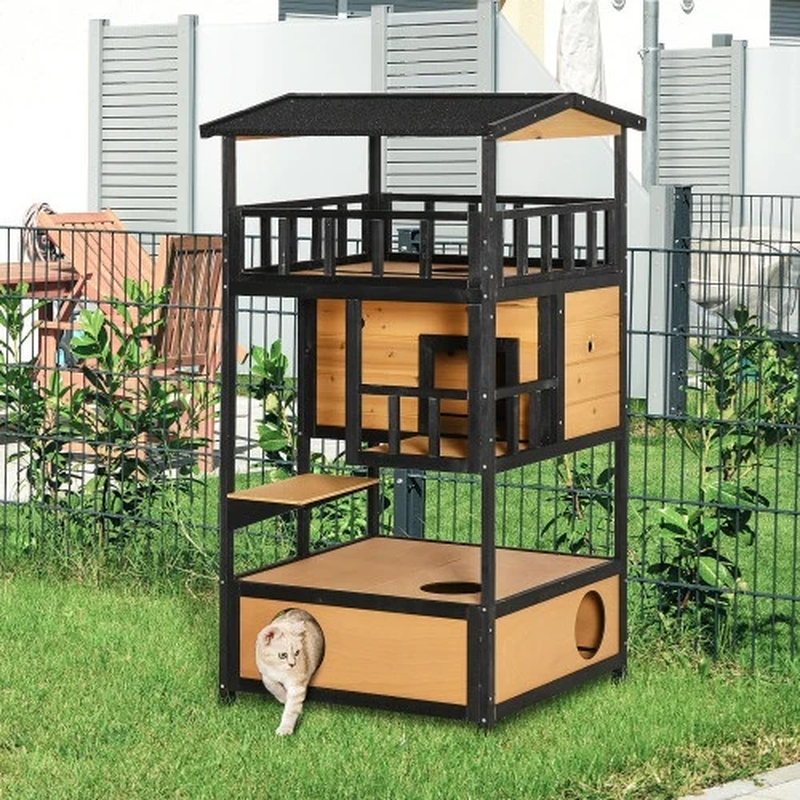 Pawhut Wooden Outdoor Cat House – Yellow, Multi-Level Shelter - Image 3