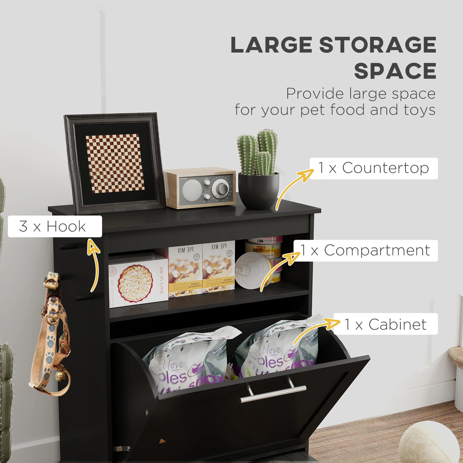 Pet Feeder Station Storage Cabinet – Raised Dog Bowls, Food Storage, Black - Image 2