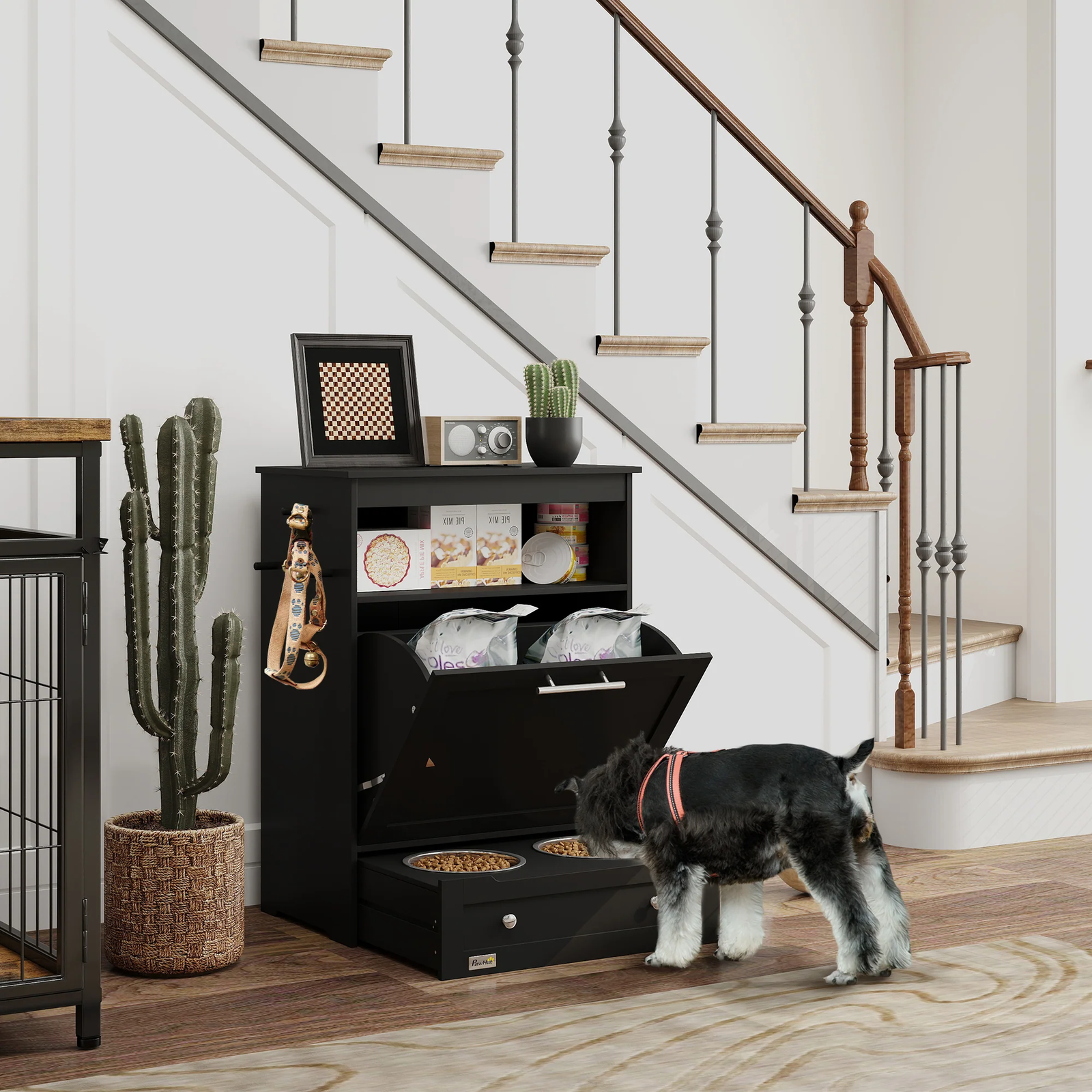 Pet Feeder Station Storage Cabinet – Raised Dog Bowls, Food Storage, Black - Image 8