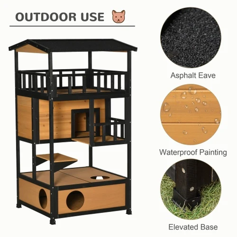 Pawhut Wooden Outdoor Cat House – Yellow, Multi-Level Shelter - Image 4
