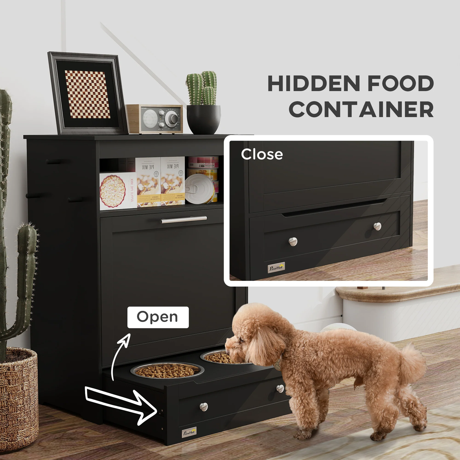 Pet Feeder Station Storage Cabinet – Raised Dog Bowls, Food Storage, Black - Image 4