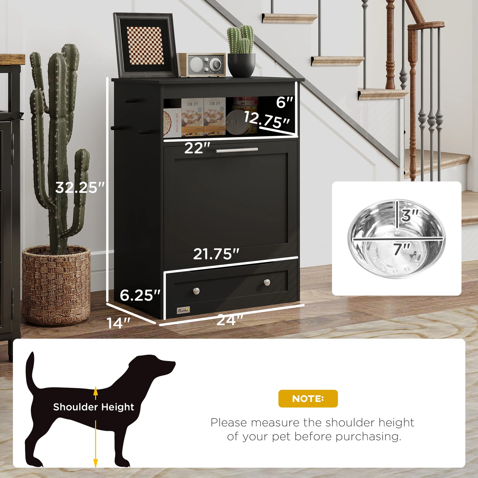 Pet Feeder Station Storage Cabinet – Raised Dog Bowls, Food Storage, Black - Image 5